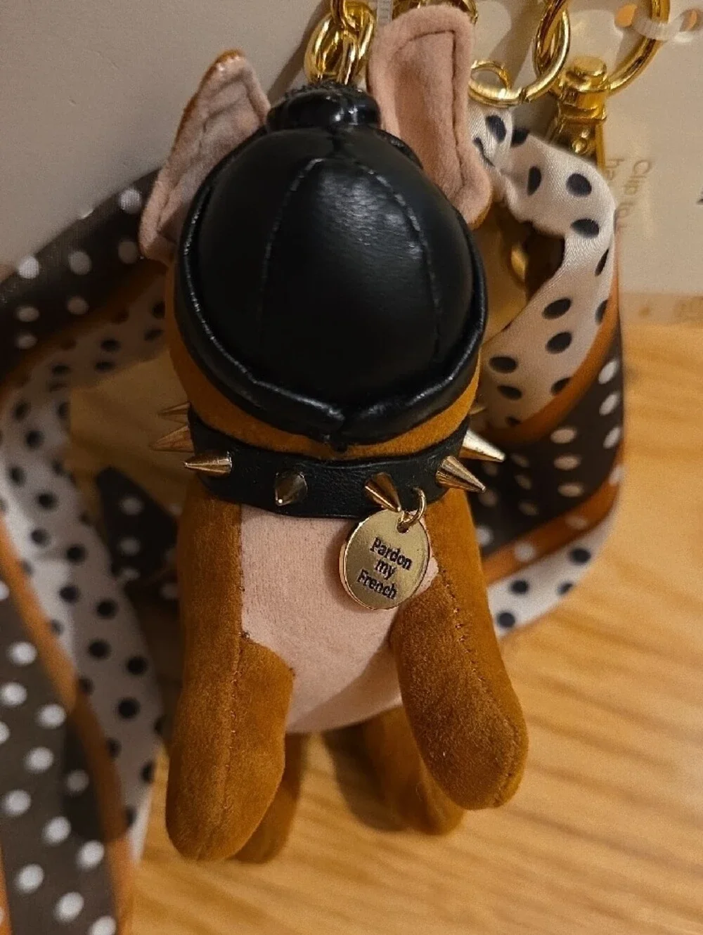 piper·k French Bull Dog Bag Charm with Black Tassel and Dotted Scarf